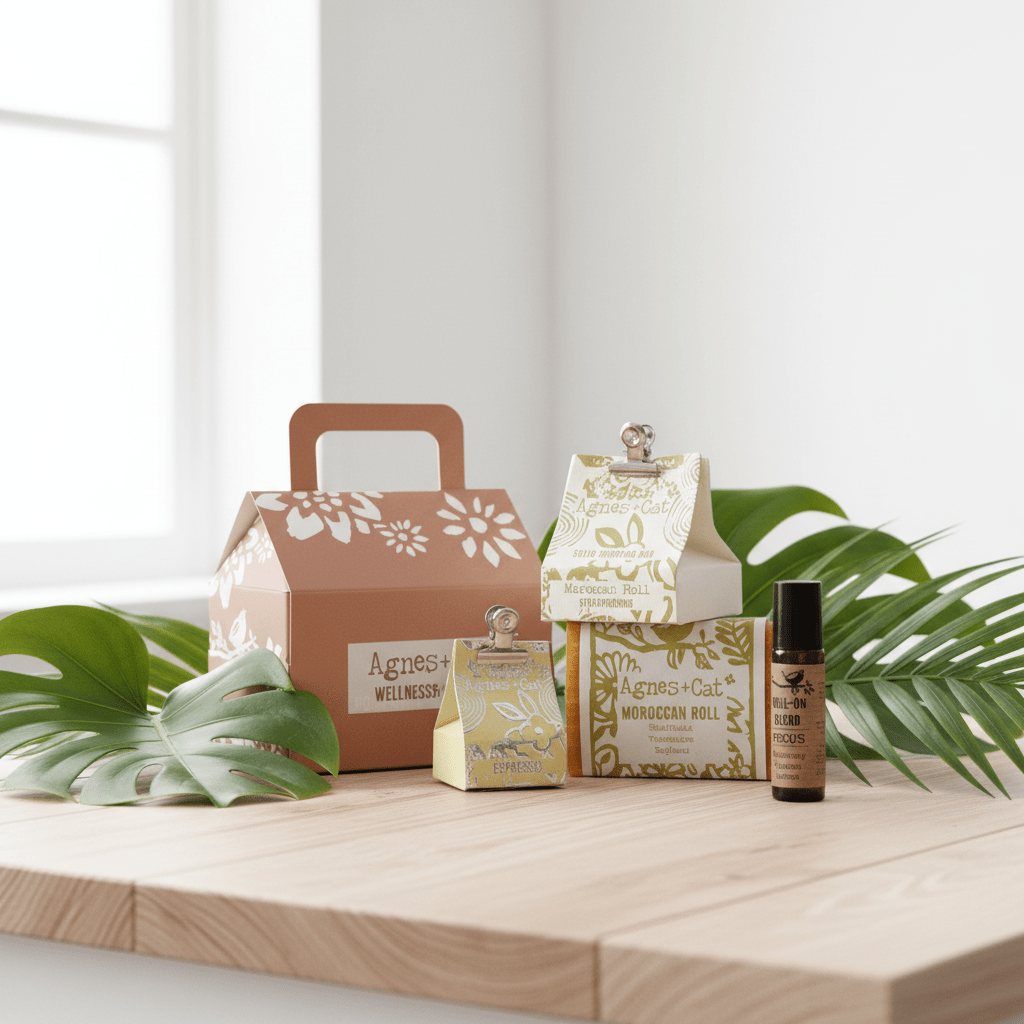 Assorted natural health and beauty products, including a box, bottle, and packets, on a wooden surface with plants in the background