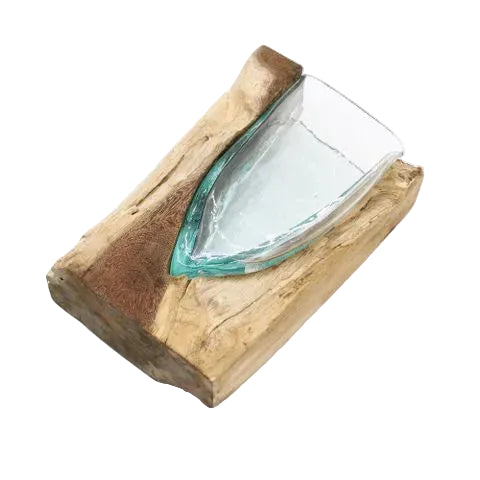 Angled view showing the tapered glass vessel fitted into its wooden base