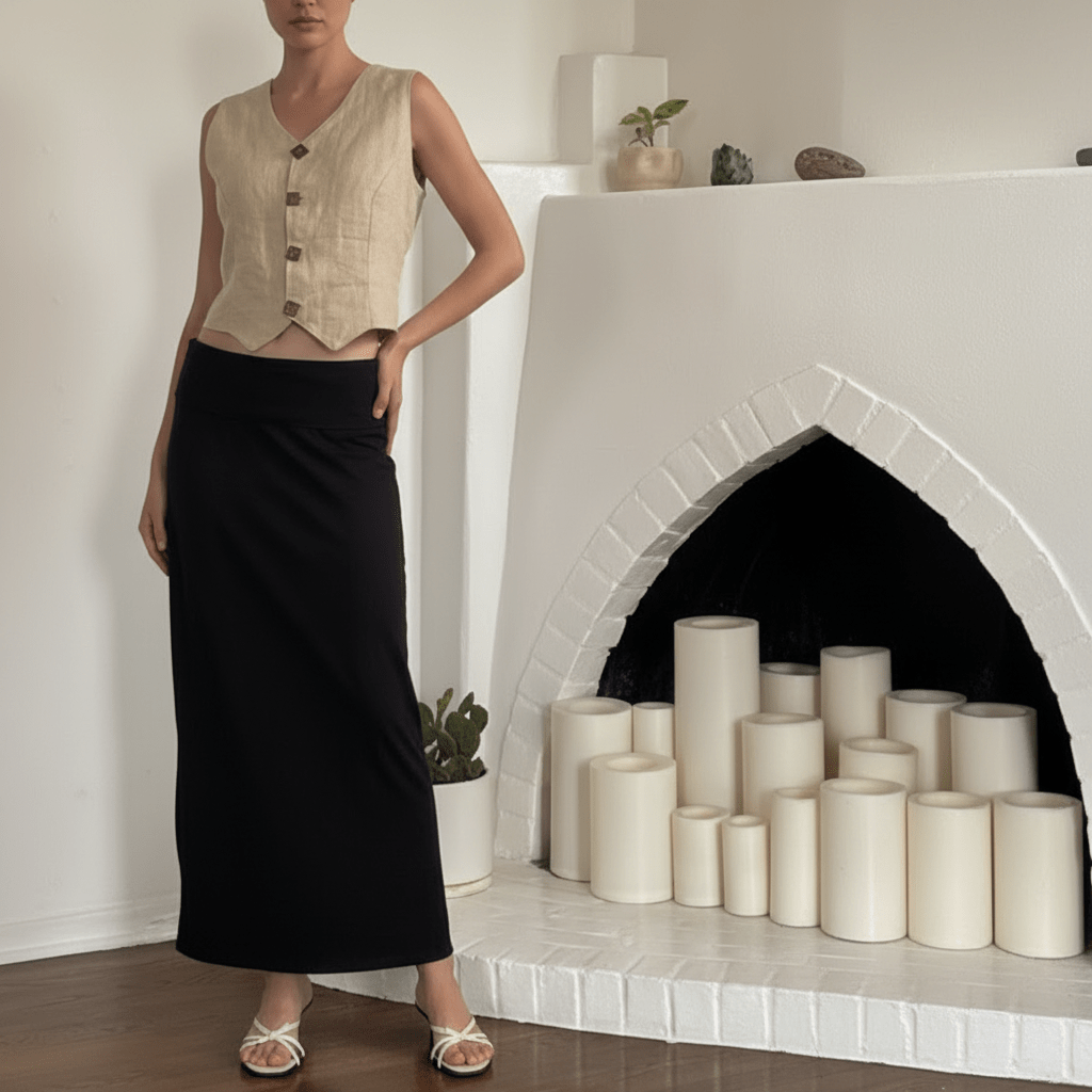 Woman in a beige vest and black skirt standing in front of a white fireplace with decorative candles.