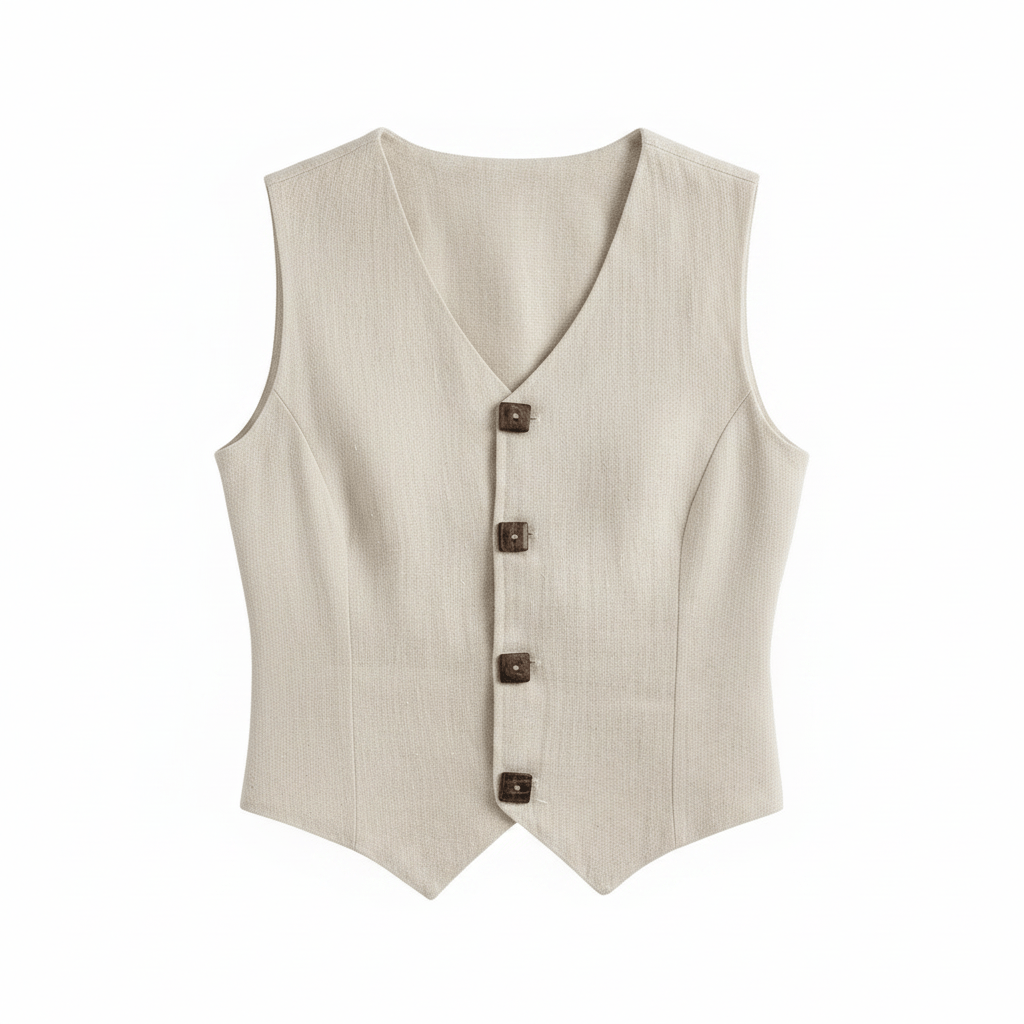 A natural cream coloured hemp vest with brown buttons on a white background