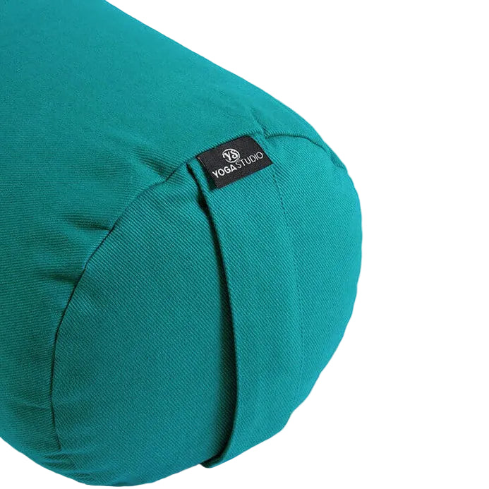 Teal yoga bolster with 'Yoga Studio' label on a light gray background