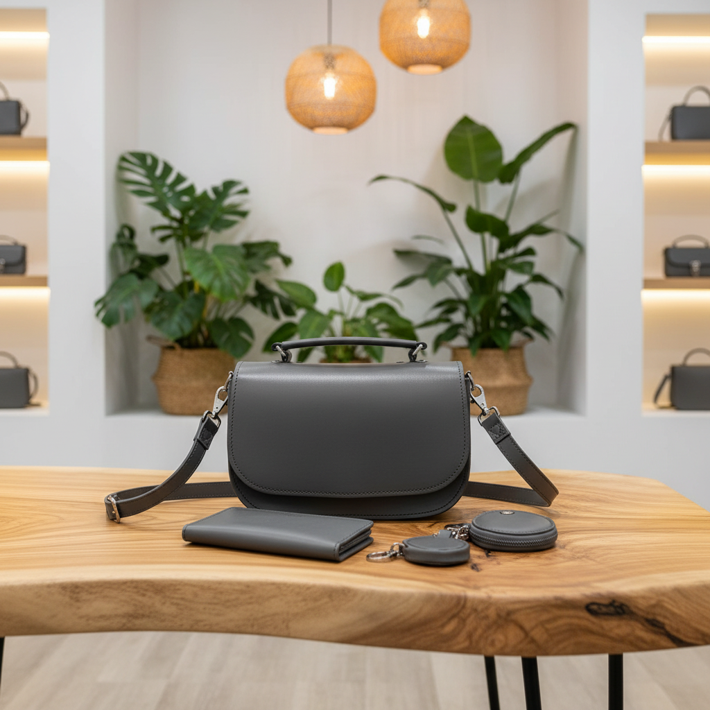 A dark gray leather handbag with a top handle and shoulder strap sits on a wooden table, styled with a matching wallet, card holder, and small round pouch in a modern boutique setting with plants and warm pendant lights.