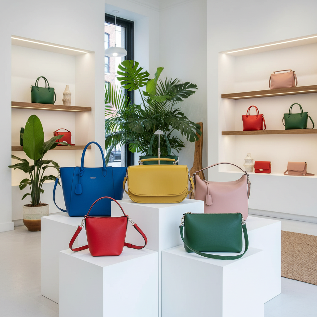 Zatchels Aura handmade leather bags displayed in a bright boutique, showing the range in cobalt blue, yellow ochre, red, pink, and green colourways