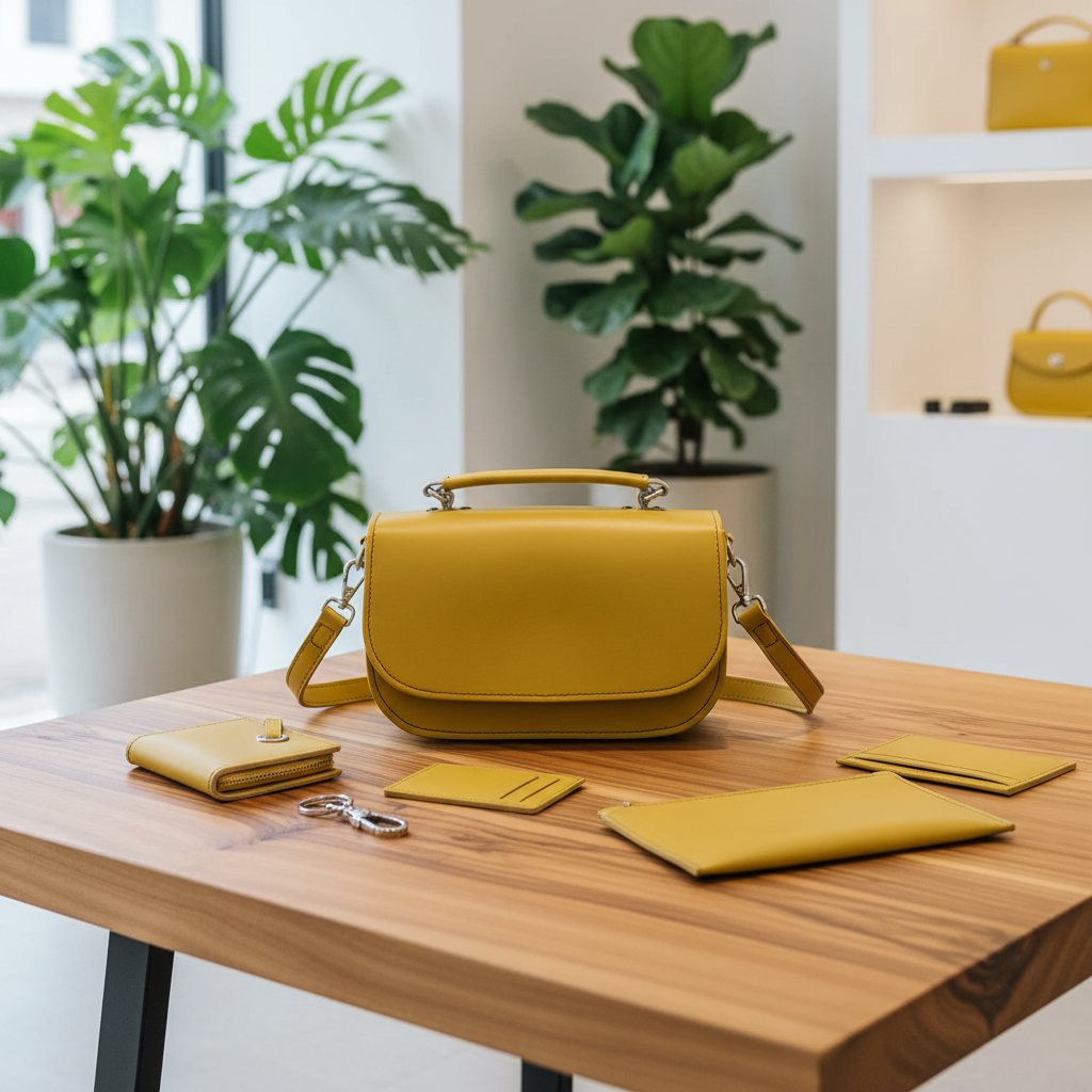 Zatchels Aura handmade leather bag in yellow ochre with matching leather wallet, card holder, and clutch accessories on a wooden table