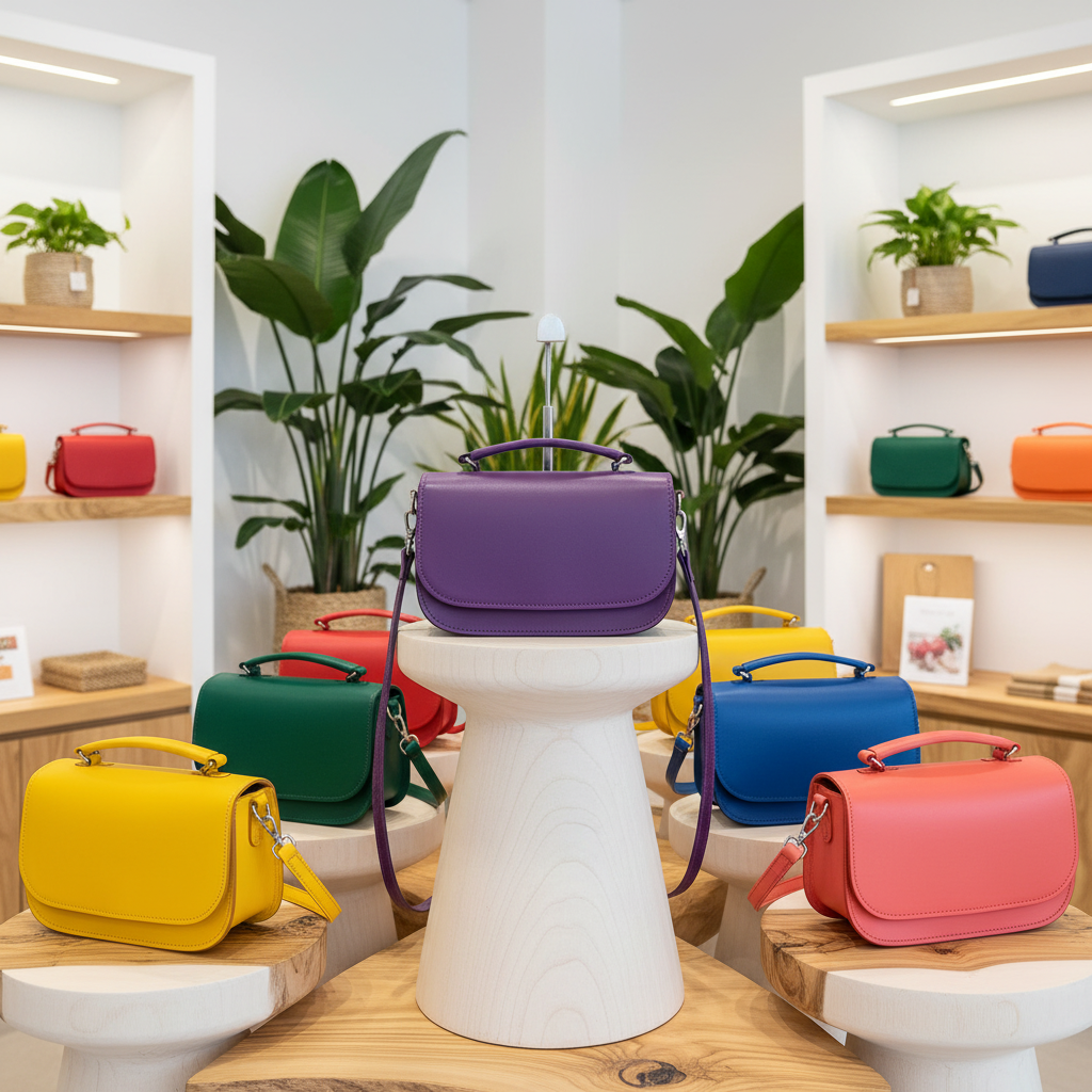 A purple leather shoulder bag is displayed on a white pedestal in a bright, modern boutique setting, surrounded by other colorful handbags in yellow, green, red, blue, and pink on wooden tables and shelves.