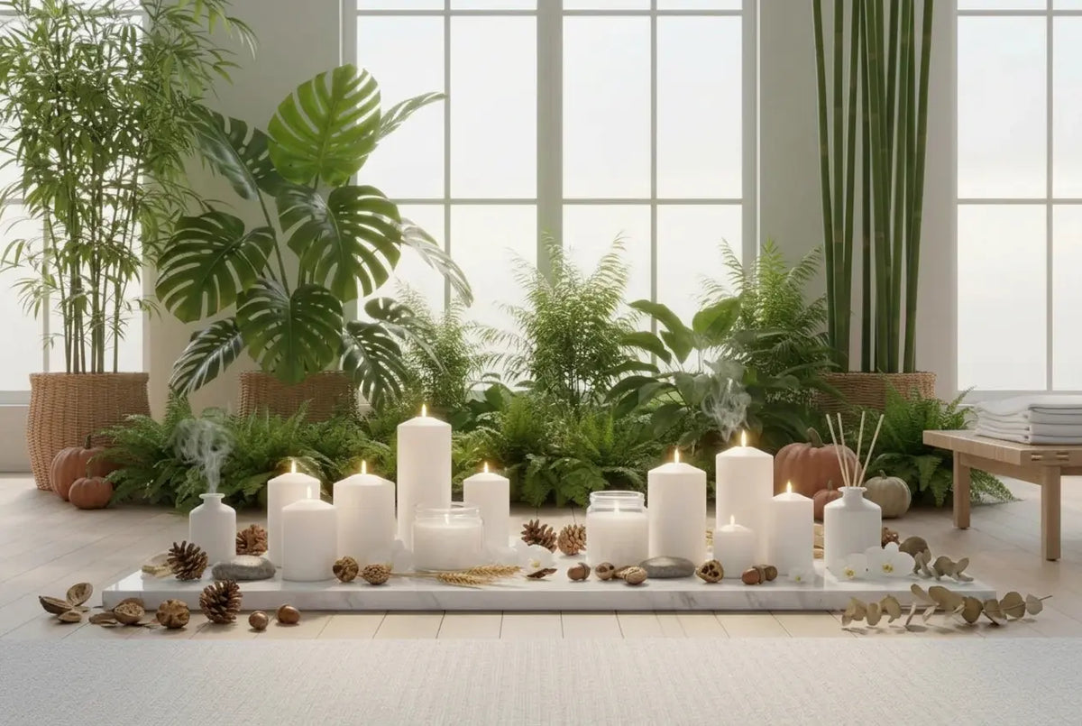 A styled arrangement of white pillar candles on a marble tray, surrounded by green plants, pinecones, and dried botanicals in a bright, modern room with large windows.