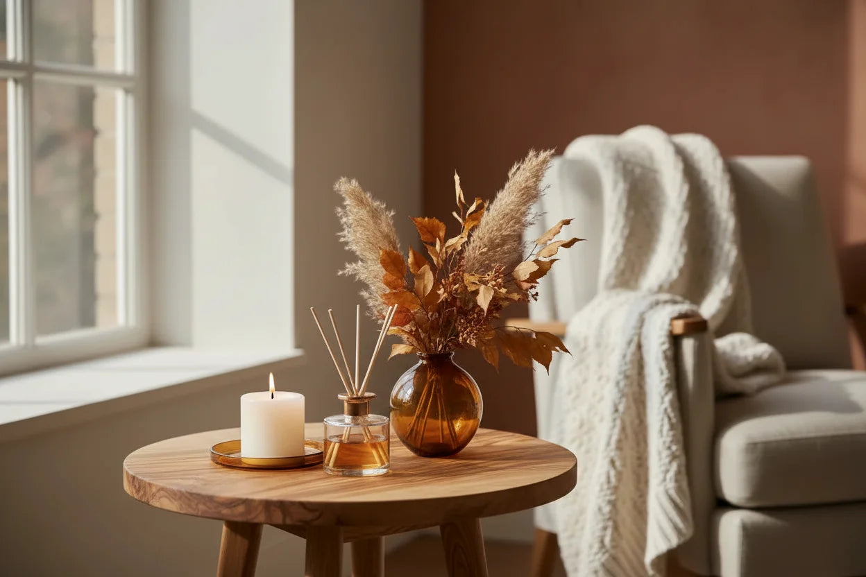 A styled interior scene with a small round wooden side table holding a lit white candle, a clear glass reed diffuser with amber liquid, and a brown glass vase with dried pampas grass and leaves. A cream chair with a white throw blanket sits in the softly lit room beside a window.