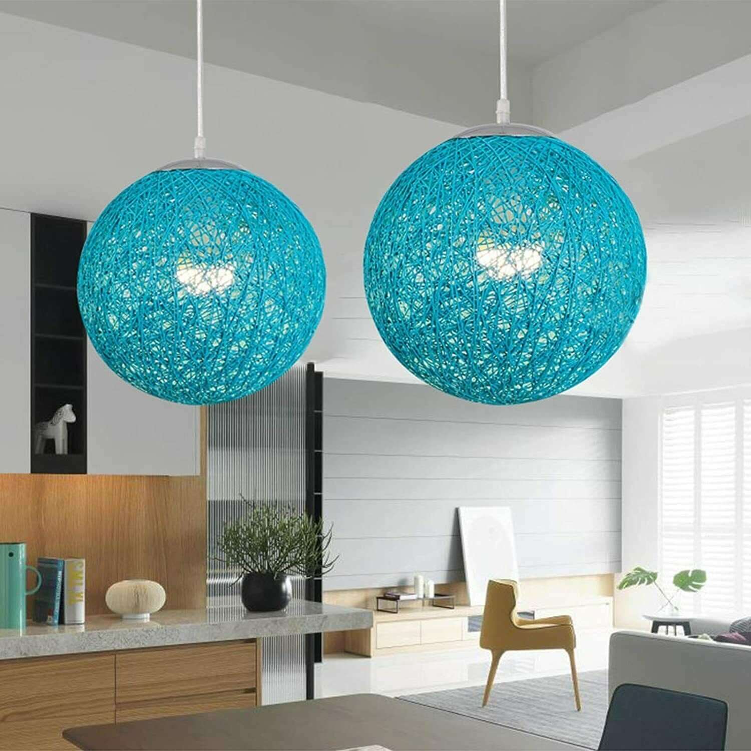 Modern Industrial Rattan Wicker Woven Ball Globe Two Outlet Pendant Light Hanging Ceiling Lamp For Bedroom, Kitchen, Study room~1331-5