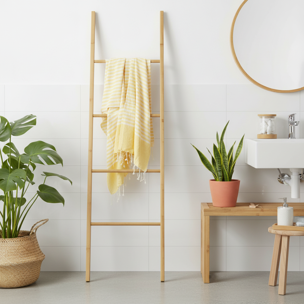 A light natural wood ladder towel rack stands against a white tiled wall in a bright bathroom setting, holding a yellow and white striped towel. The scene includes a potted green plant on the left, a small wooden console table with a potted snake plant and a white sink on the right, and a round mirror above.