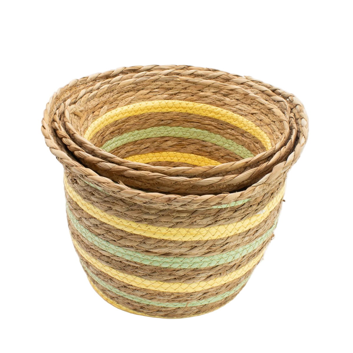 Three natural woven baskets with yellow and green stripes nested together