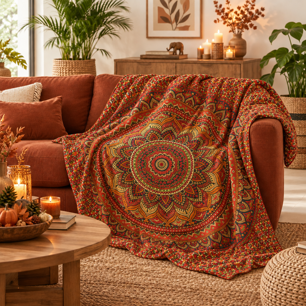 A bohemian mandala pattern throw draped over a rust-colored sofa in a cosy, warmly lit living room.
