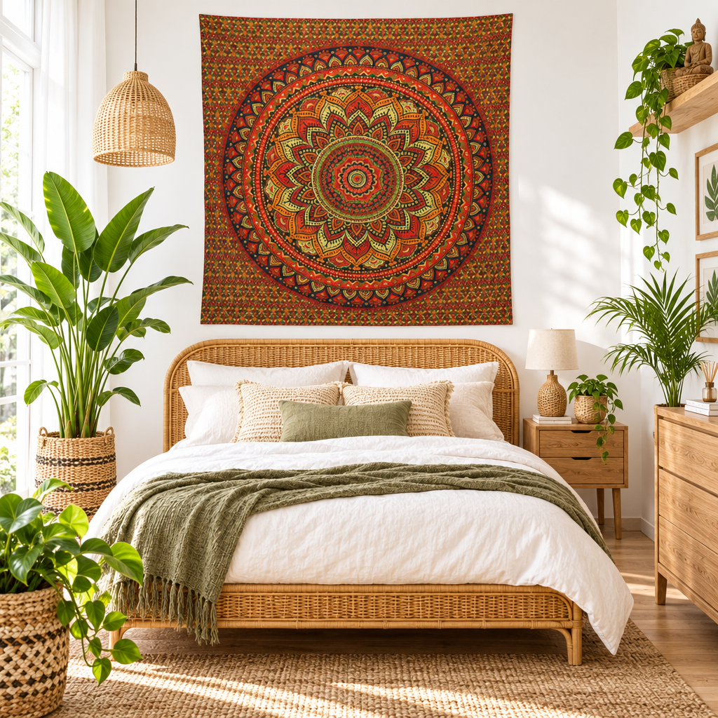 A large square bohemian mandala cotton wall hanging in red, orange, and green hangs on a white wall above a wicker bed in a bright, sunlit bedroom with plants and wood furniture.