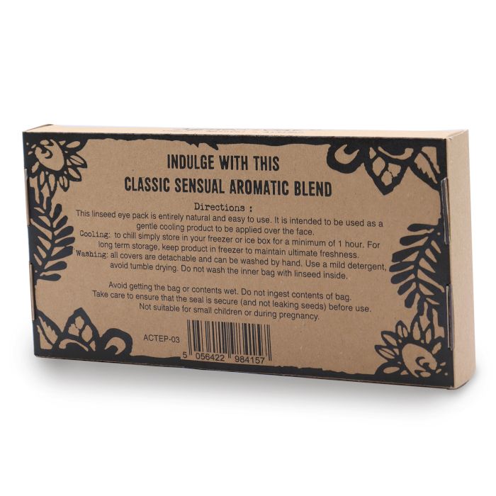 Kraft paper eye pillow packaging with black text and decorative elements on a white background