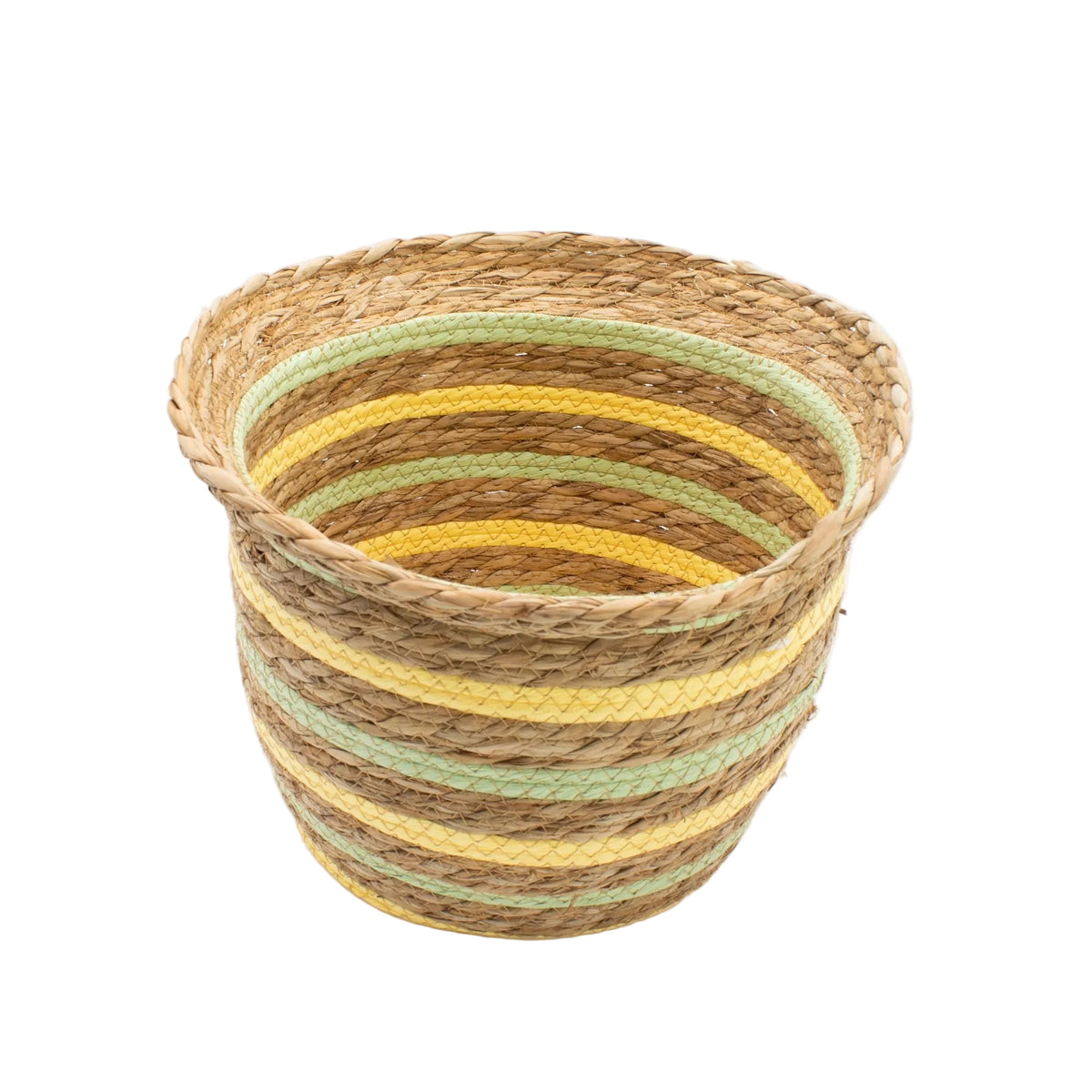 Large vase-shaped woven basket with yellow and green stripes and a flared rim