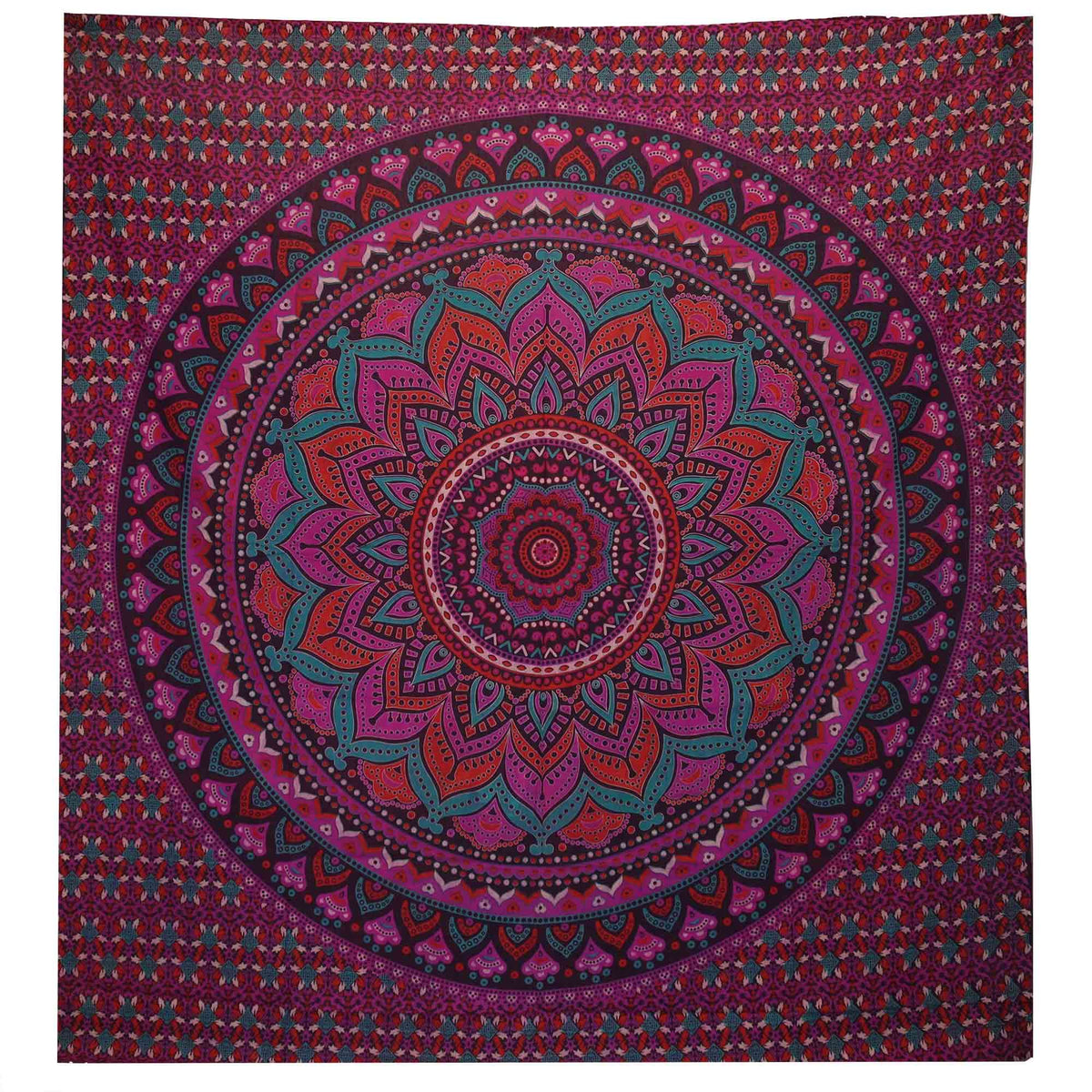 Mandala patterned bedspread/wall hanging with vibrant colours on a white background