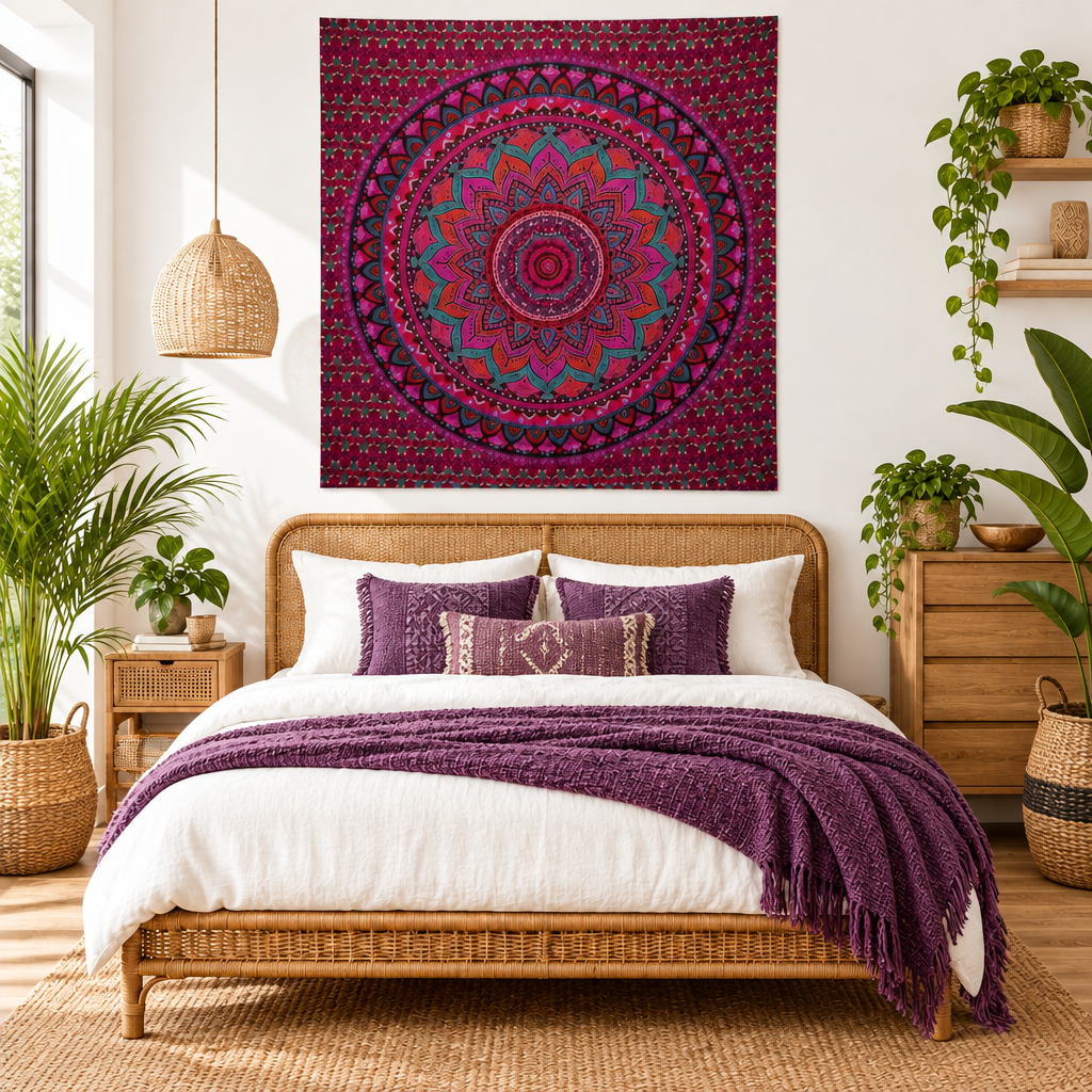 A large square wall tapestry featuring a vibrant purple and pink mandala design, hanging above a wooden bed in a bright, modern boho-style bedroom with plants and rattan furniture.