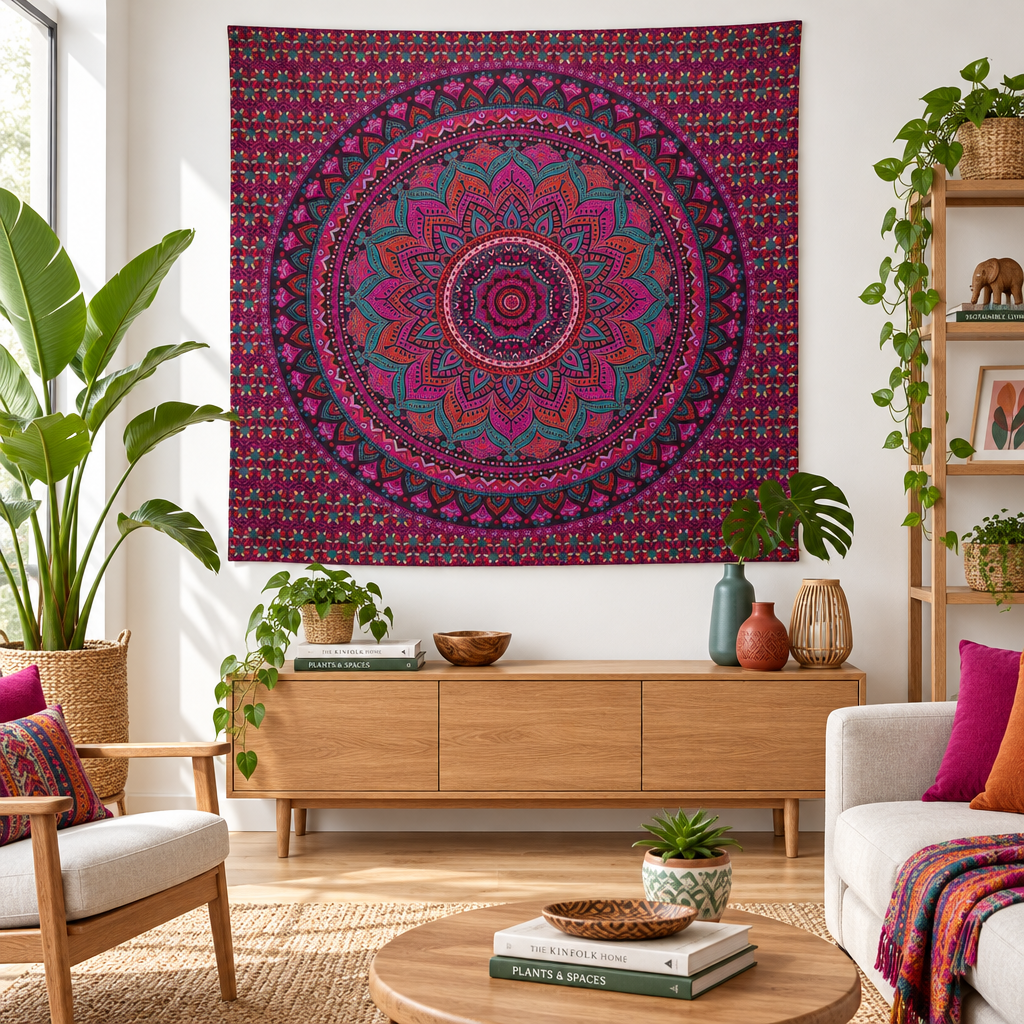 A large square wall hanging featuring a vibrant pink, purple, and teal mandala pattern, hanging on a white wall in a modern, sunlit living room with wooden furniture and potted plants.