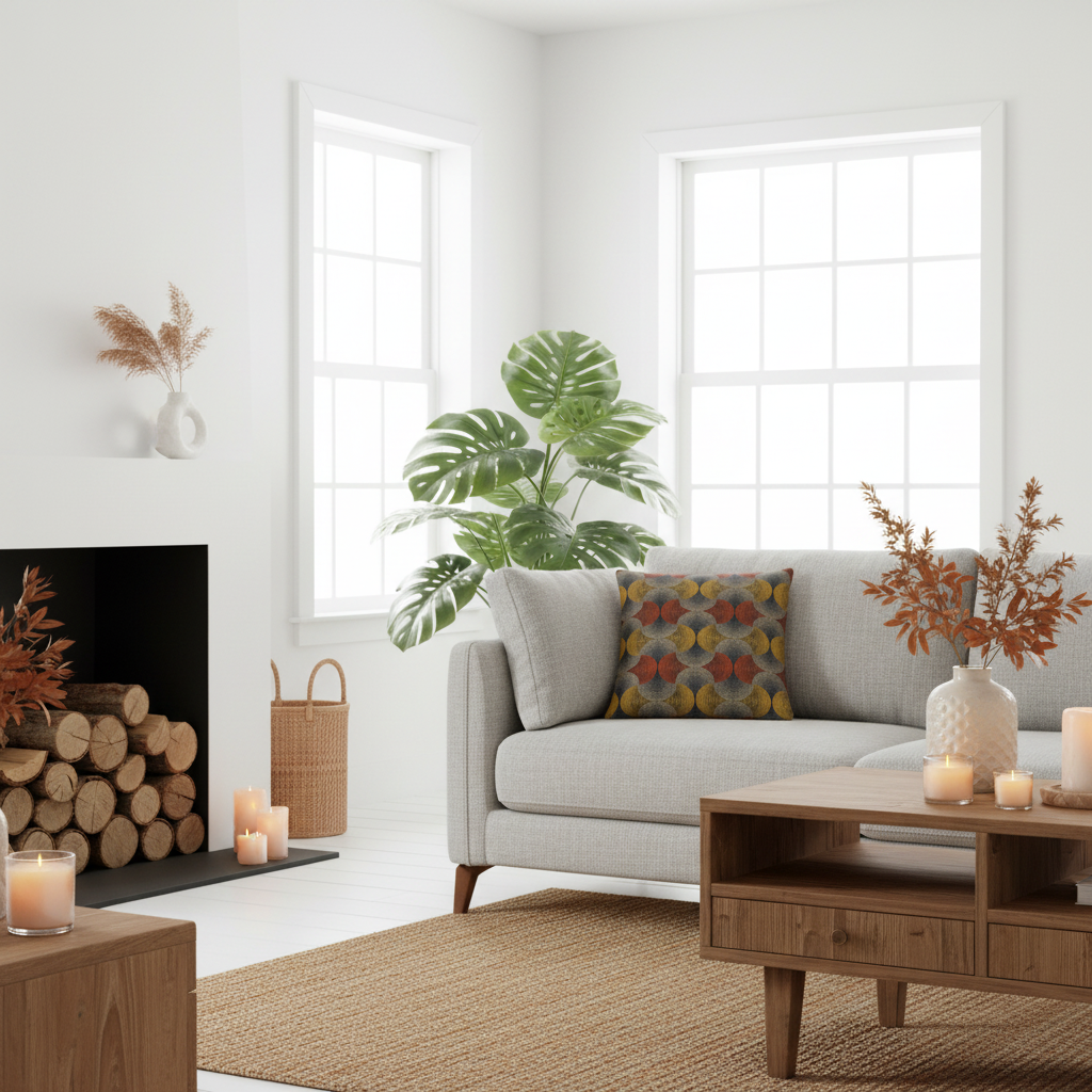 A cosy modern living room with a light grey fabric sofa, a patterned accent pillow, a wooden coffee table, a large green monstera plant, and a black fireplace with stacked logs.