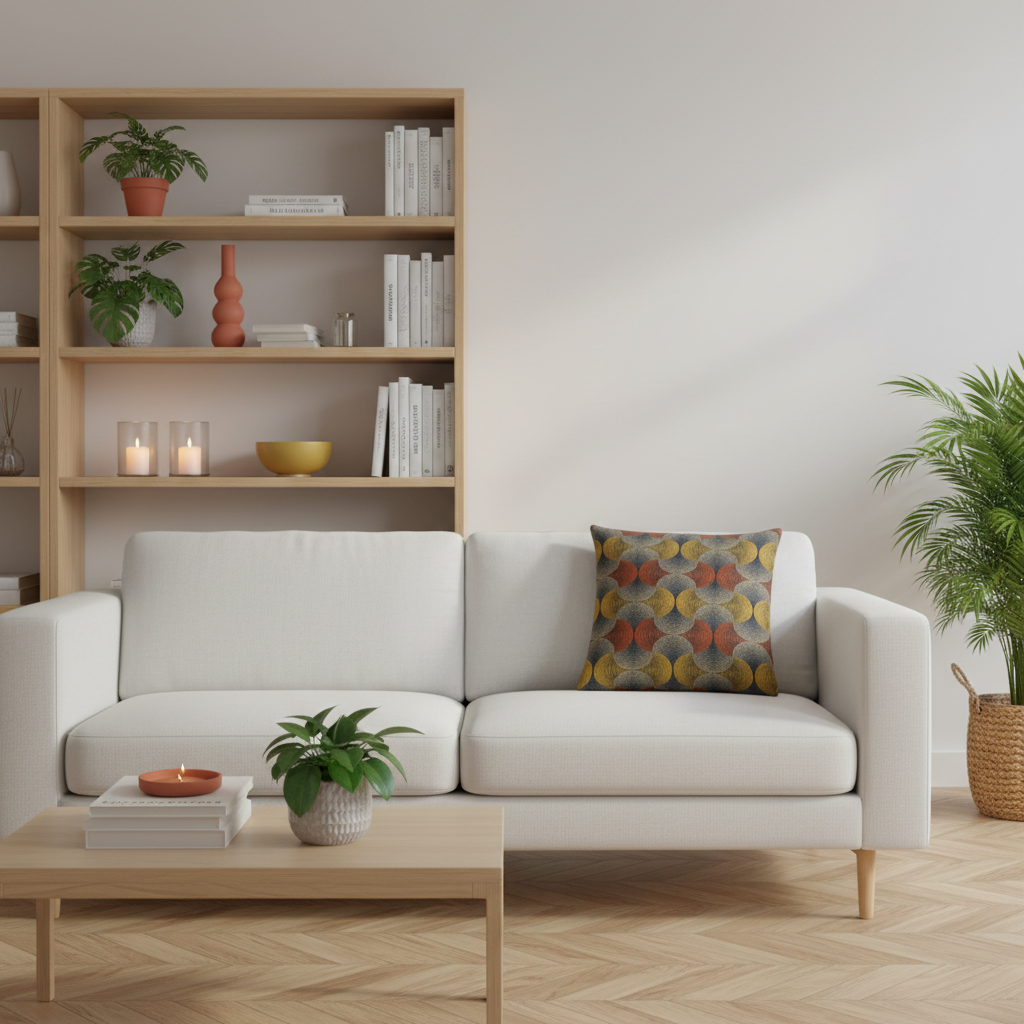 A modern white fabric sofa in a bright, minimalist living room, featuring a colorful geometric patterned accent pillow, a light wood coffee table, a wooden bookshelf, and a potted plant.