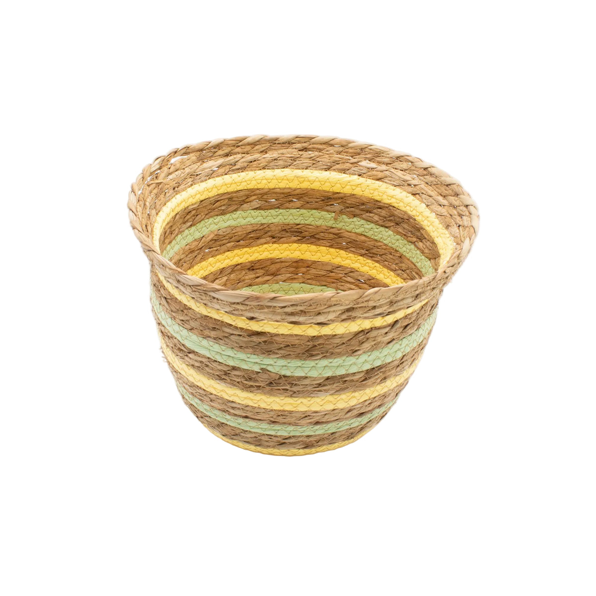 Medium vase-shaped woven basket with yellow and green stripes