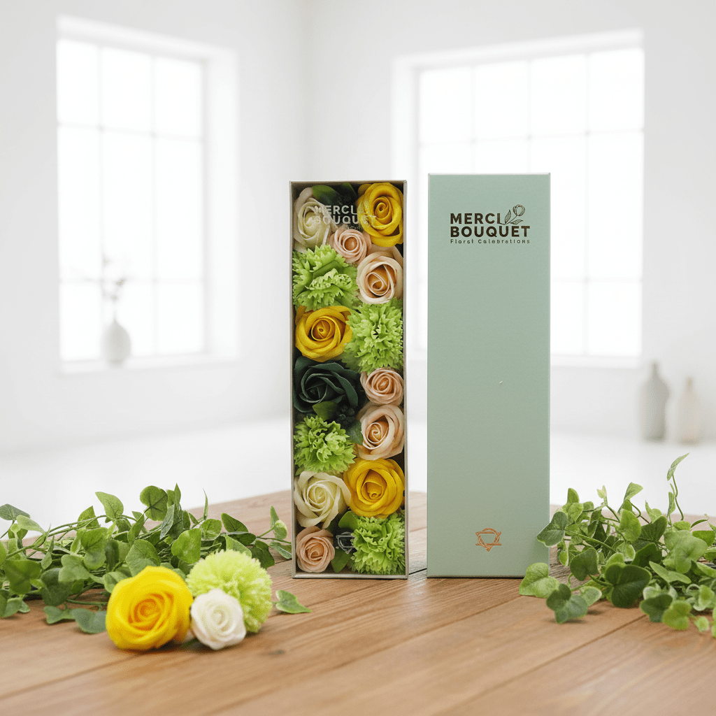 Floral arrangement in a box with 'Merci Bouquet' branding on a wooden surface.