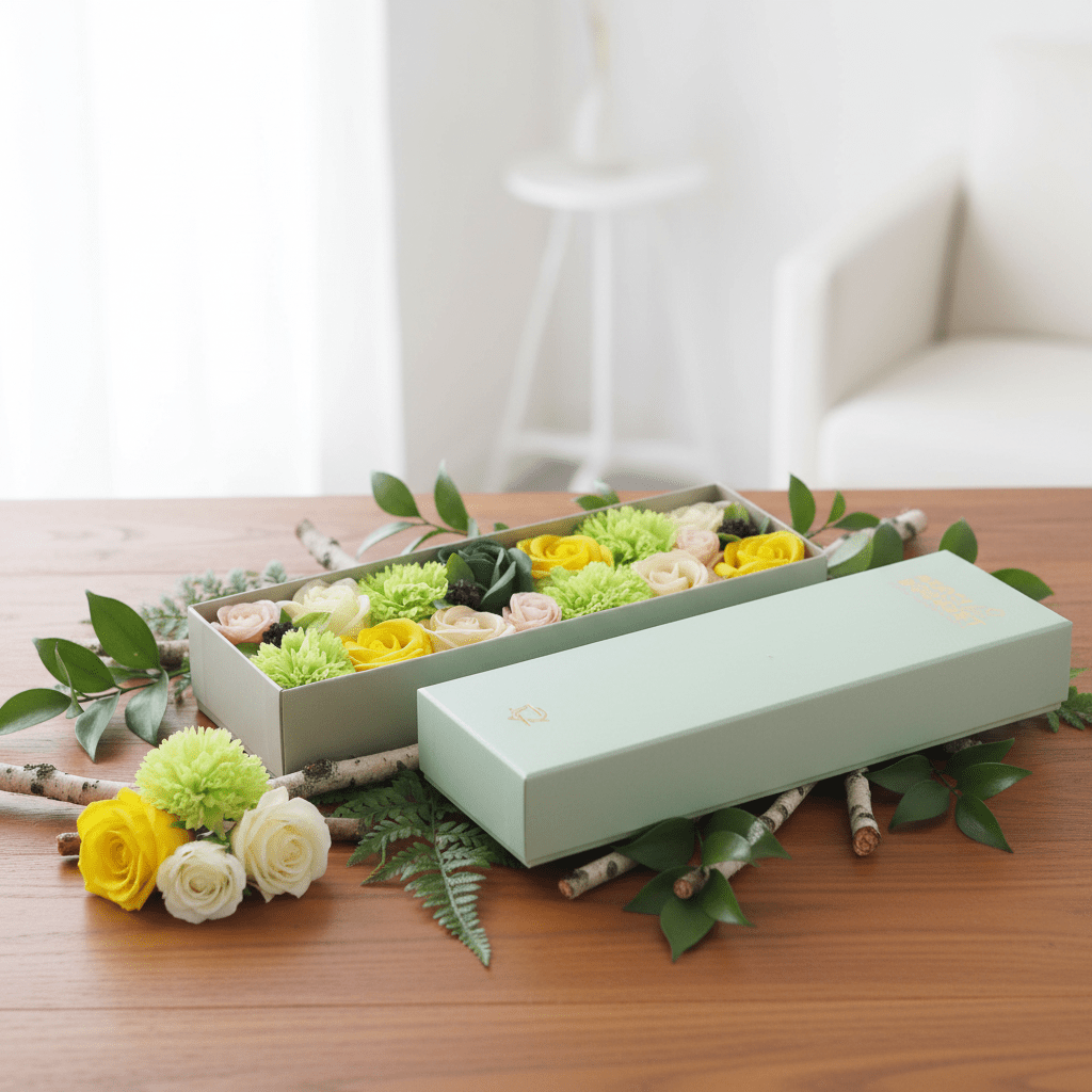 Floral arrangement in a box on a wooden surface with a blurred indoor background