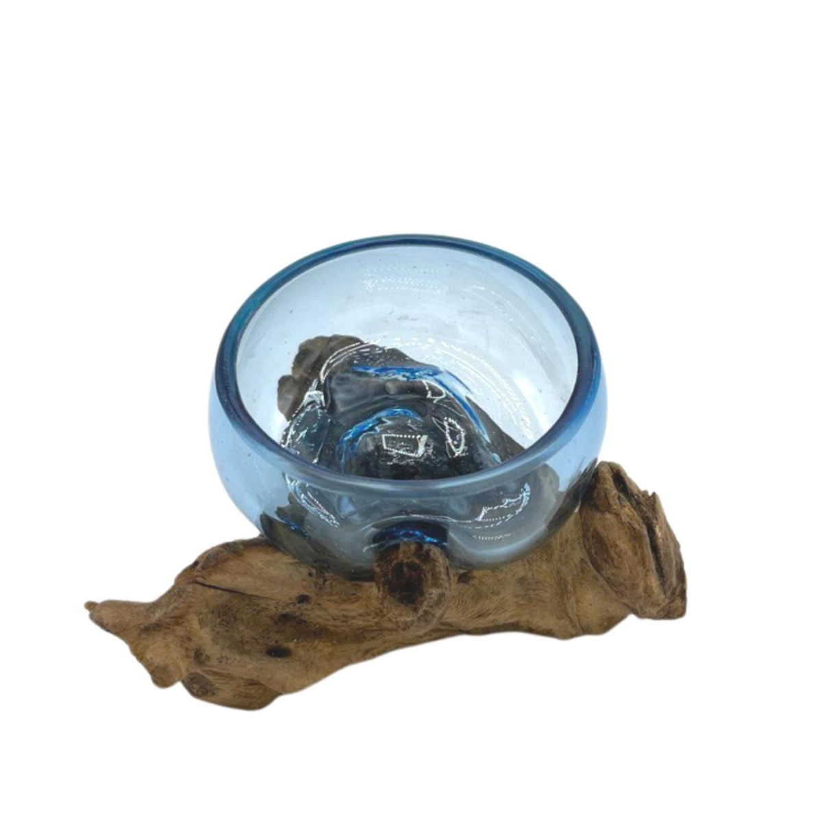 blue glass bowl viewed from above at an angle, showing its shaped base