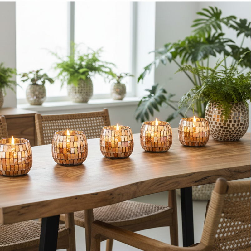 Small Amber Mosaic Glass Candle with 35-Hour Burn