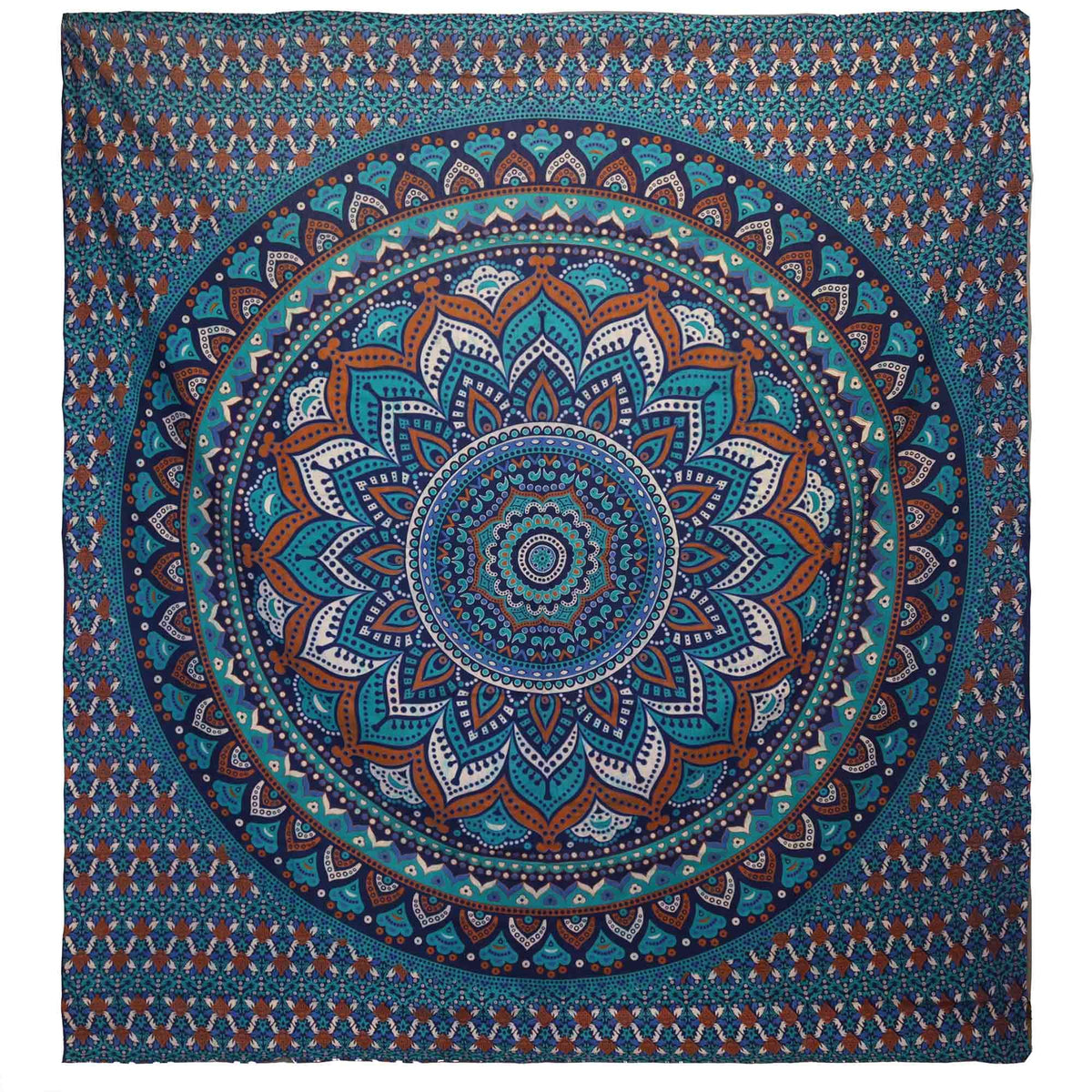 Mandala patterned wall hanging with blue and brown colours on a white background