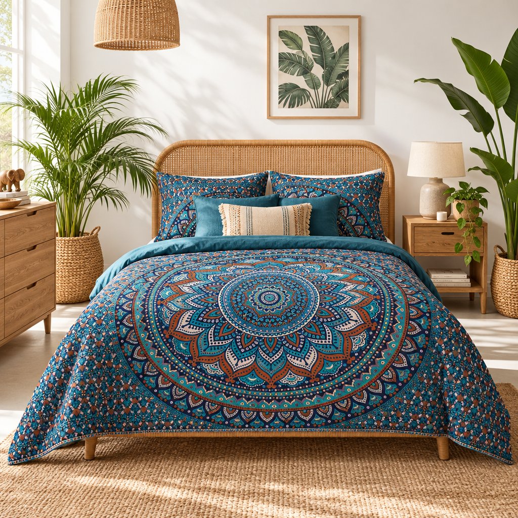 A bed dressed in a teal and blue mandala-patterned comforter set with matching pillows, styled in a bright, sunlit bedroom with wicker furniture, plants, and a framed leaf print on the wall.