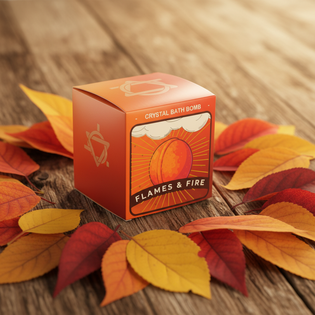 An orange cube-shaped box labeled 'CRYSTAL BATH BOMB' and 'FLAMES & FIRE' sits on a rustic wooden surface surrounded by scattered autumn leaves in red, orange, and yellow.