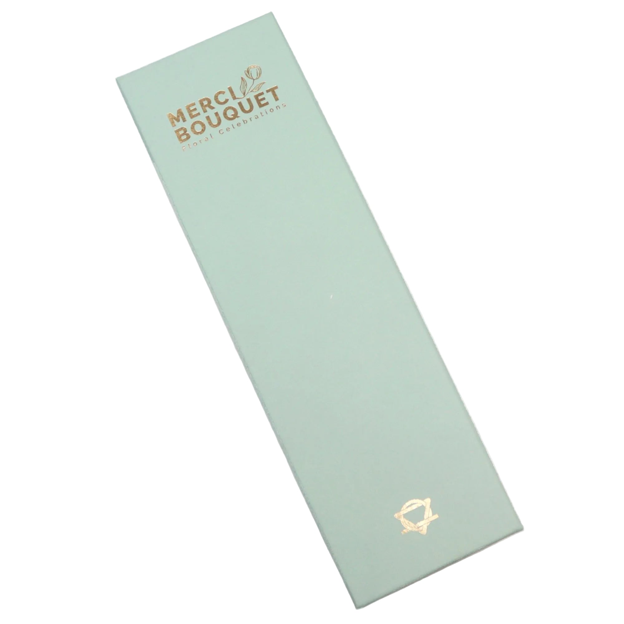 Mint green box with 'Merci Bouquet' branding on a white background