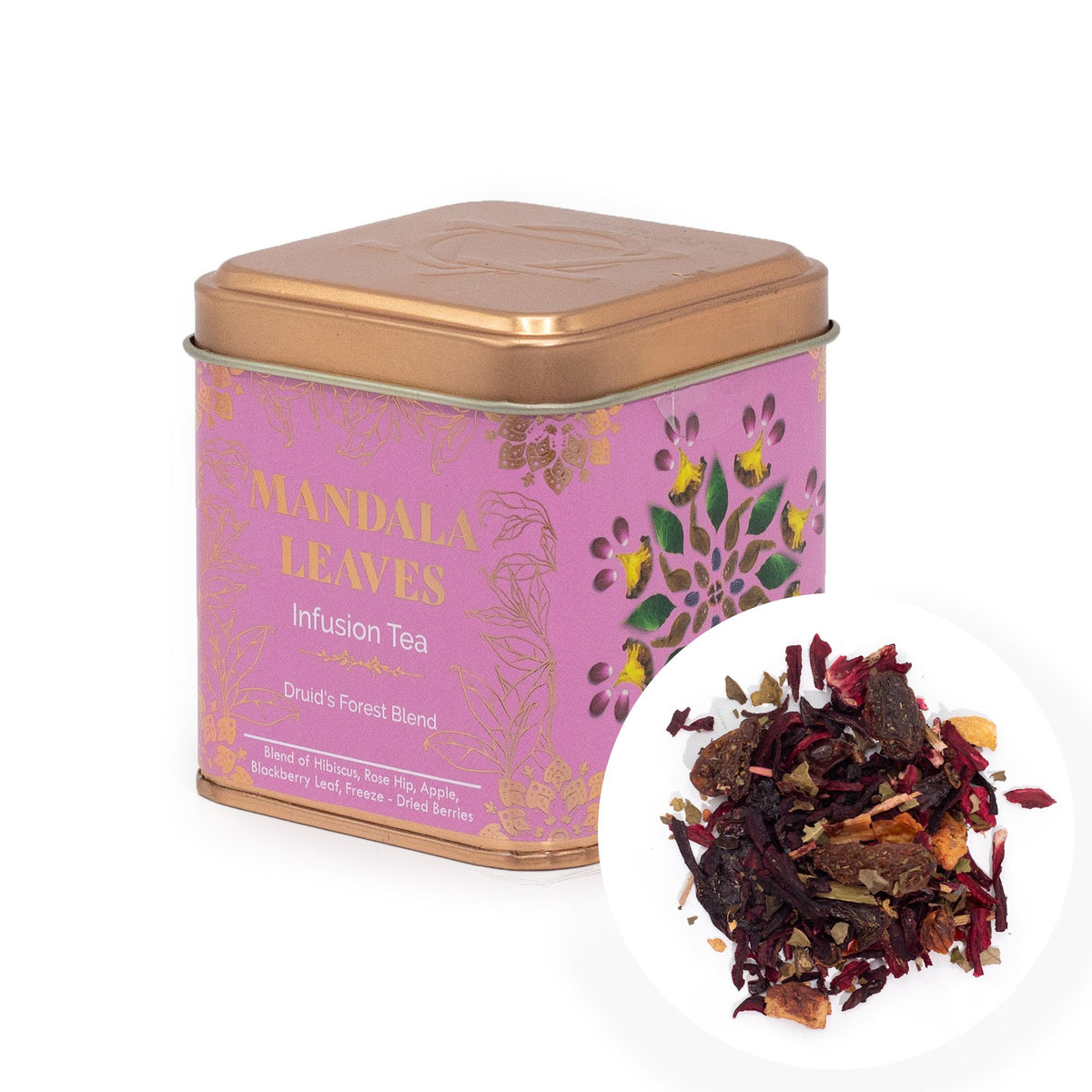 Tea tin labeled 'Mandala Leaves' with a small inset showing tea leaves.