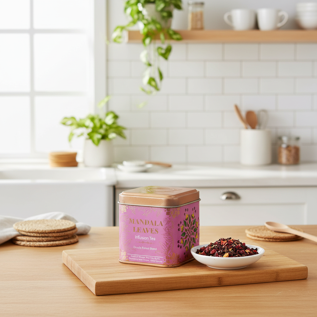 A pink tin of Mandala Leaves Infused Tea sits on a wooden cutting board in a bright, modern kitchen. A small white dish of loose-leaf tea rests beside the tin, with round crackers and a wooden spoon nearby.