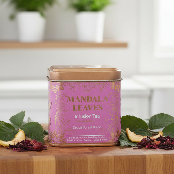 A tin of Mandala Leaves Infusion Tea sits on a wooden cutting board, surrounded by green tea leaves, dried hibiscus flowers, and citrus slices. The background is a softly blurred kitchen setting with white planters on a shelf.