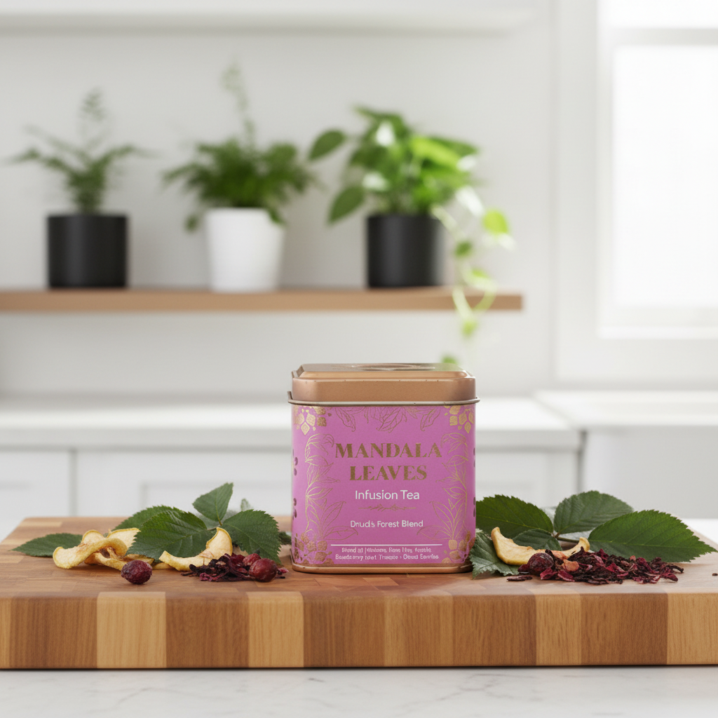 A pink tin of Mandala Leaves Infusion Tea sits on a wooden cutting board with tea leaves and green leaves around it, set in a bright kitchen with potted plants in the background.