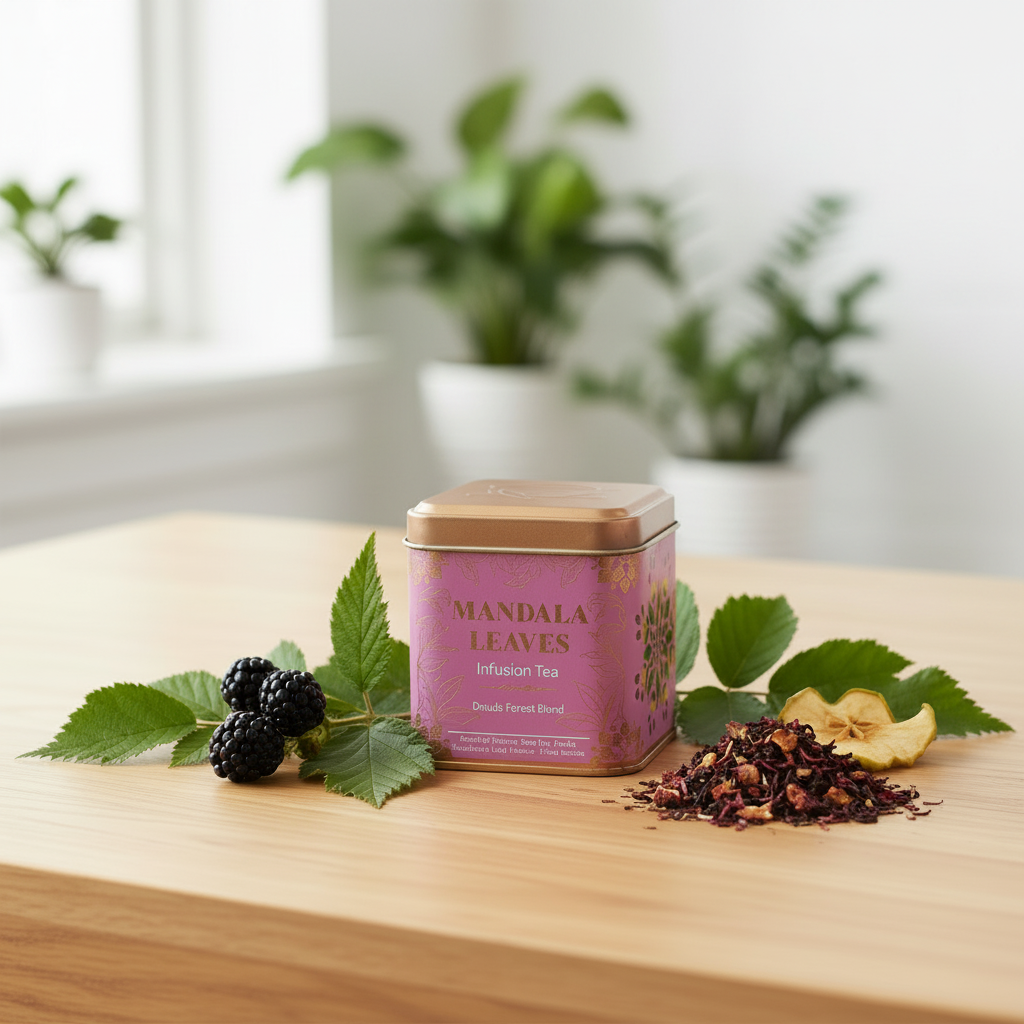 A tin of Mandala Leaves herbal tea sits on a light wooden table, styled with fresh blackberries, green leaves, and dried flower petals. The background is a soft-focus indoor setting with potted plants and a window.