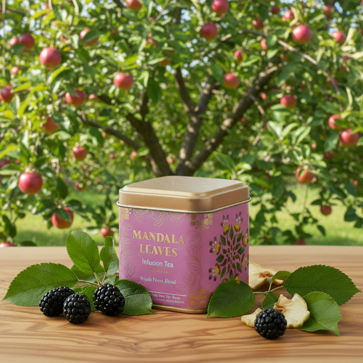 A pink tin of Mandala Leaves Infusion Tea sits on a wooden table outdoors, surrounded by fresh blackberries, green leaves, and dried apple slices, with a blurred apple tree in the background.
