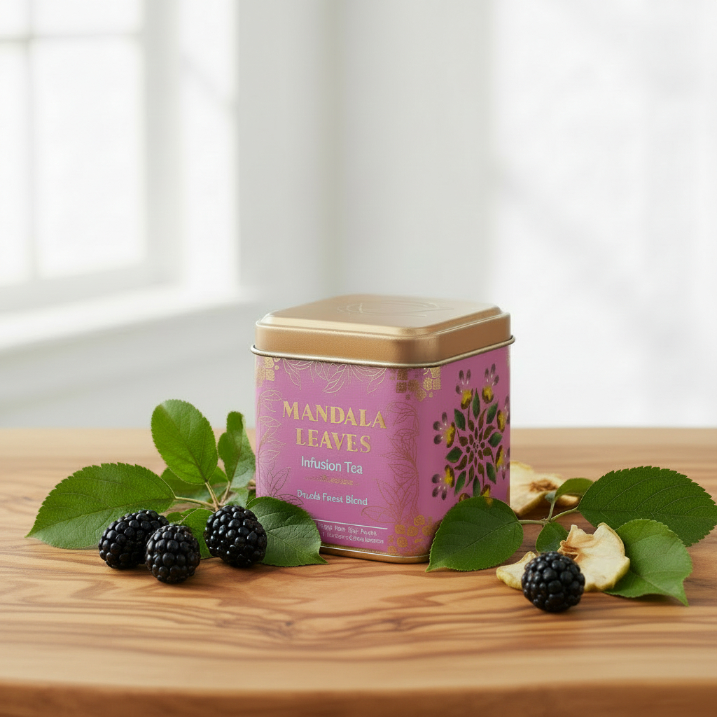 A pink tin of Mandala Leaves Infusion Tea sits on a wooden table, surrounded by fresh green leaves, blackberries, and dried apple slices. The background is a softly blurred bright interior with a window.