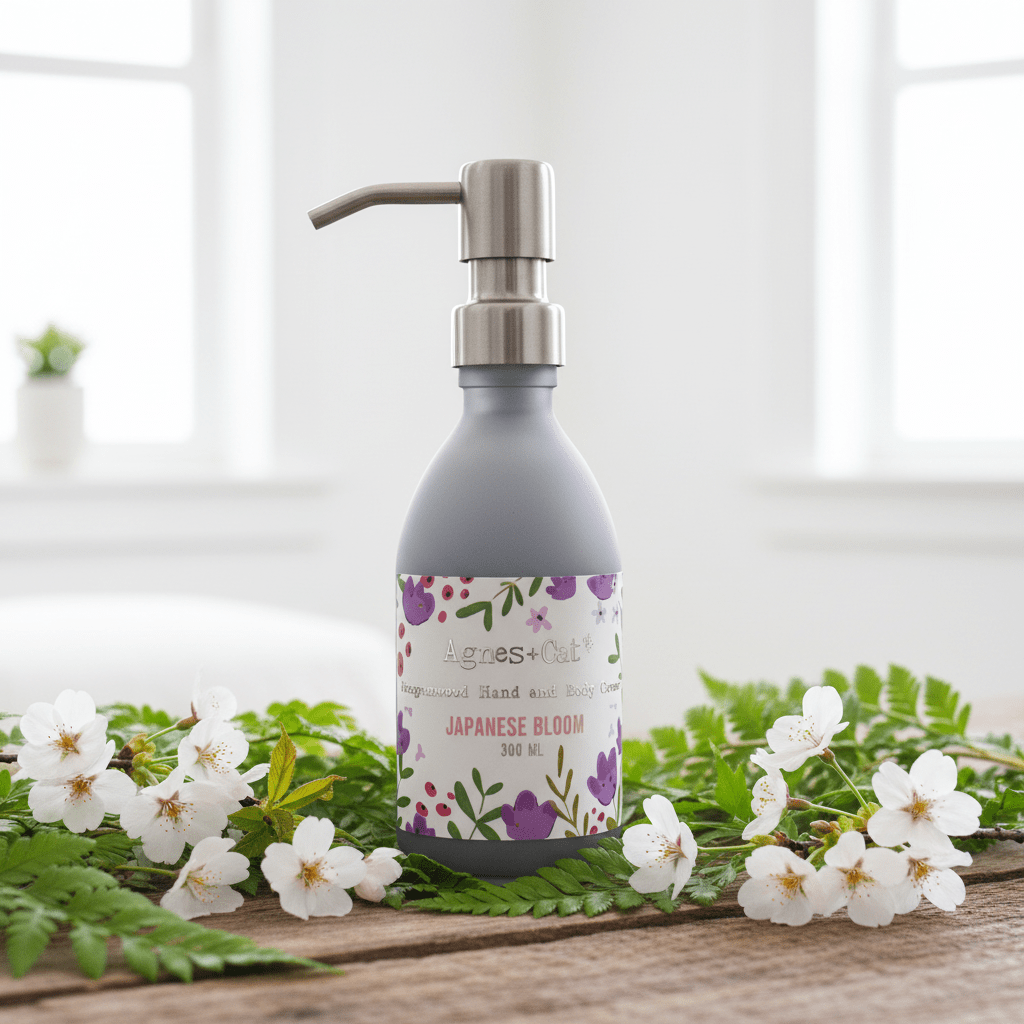 Hand cream bottle with floral design on a wooden surface with flowers and greenery