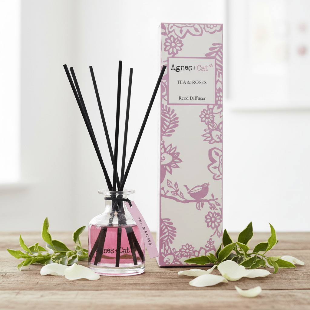 Agnes & Cat tea and roses reed diffuser with packaging on a wooden surface.