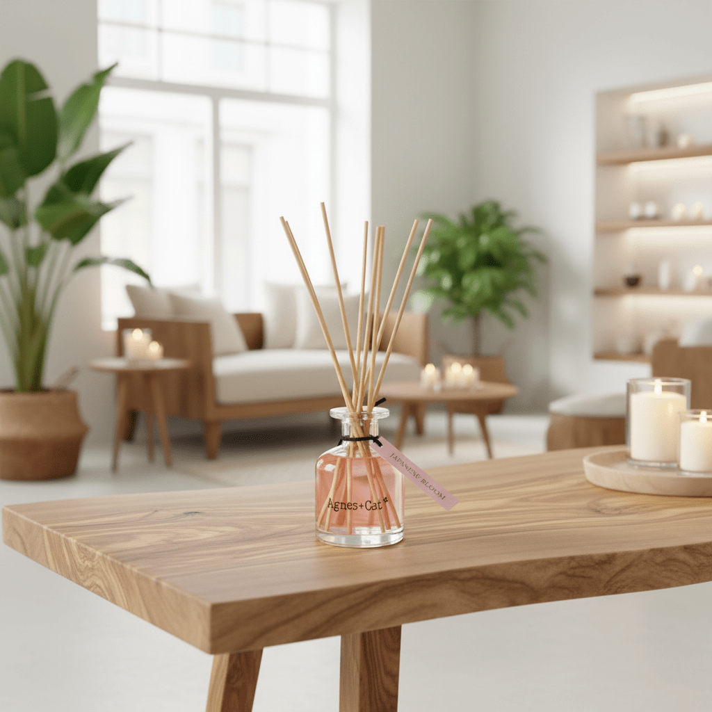 A diffuser with sticks on a wooden table in a bright living room.