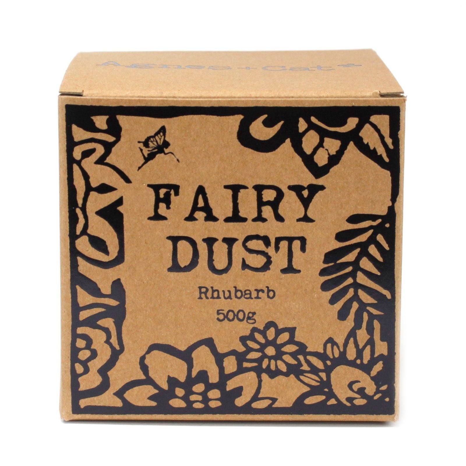 Box labeled 'Fairy Dust Rhubarb 500g' with decorative elements on a white background