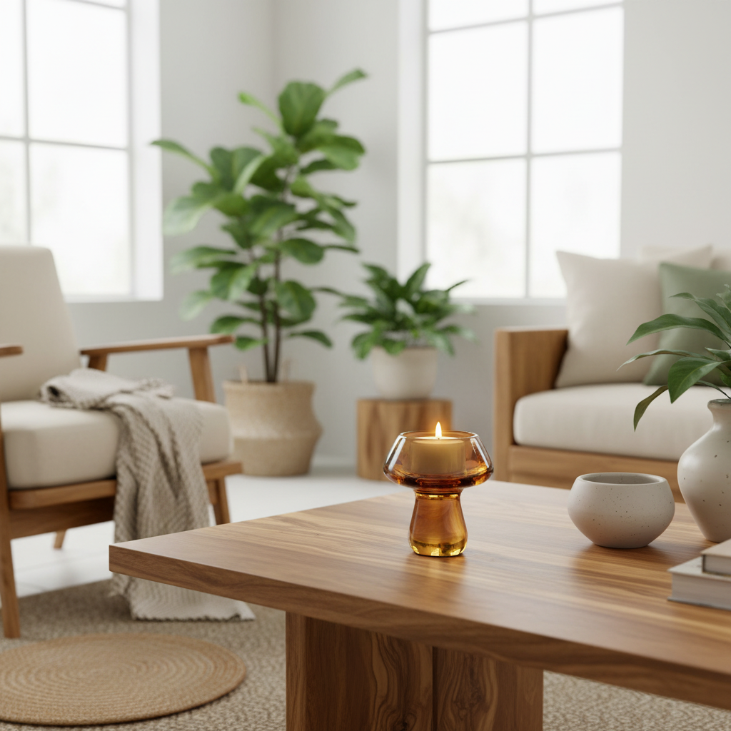 An amber glass candle holder with a lit candle on a wooden coffee table in a bright, modern living room with beige sofas, potted plants, and a neutral throw blanket.