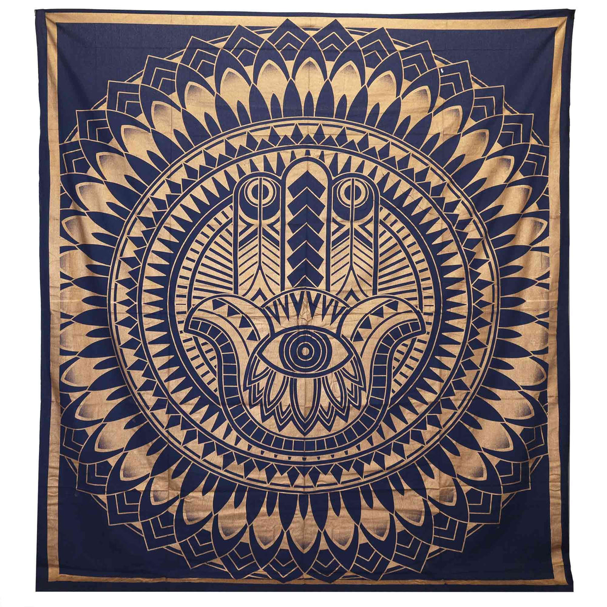 Decorative bedspread/wall hanging with Hamsa design on a blue and gold background