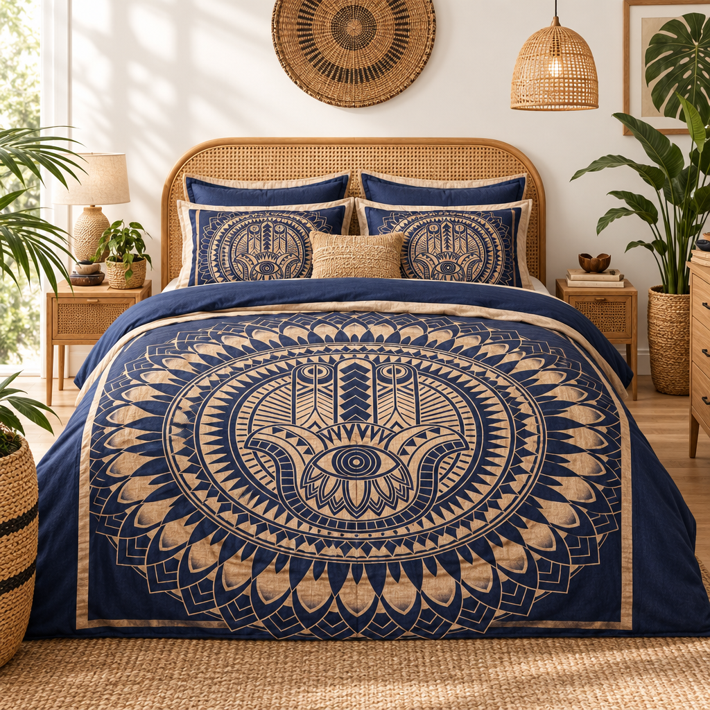 A neatly made bed in a styled bedroom setting, featuring a navy blue and gold bohemian mandala-patterned bedspread, a rattan headboard, and warm natural lighting.