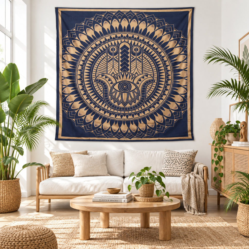 a navy blue and gold wall hnging in a natural living space ith plants