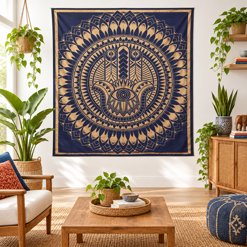 A large bohemian-style cotton wall hanging featuring a navy blue background and a tan Hamsa hand mandala design, hanging on a white wall in a styled living room with plants, a wooden coffee table, and a blue pouffe.