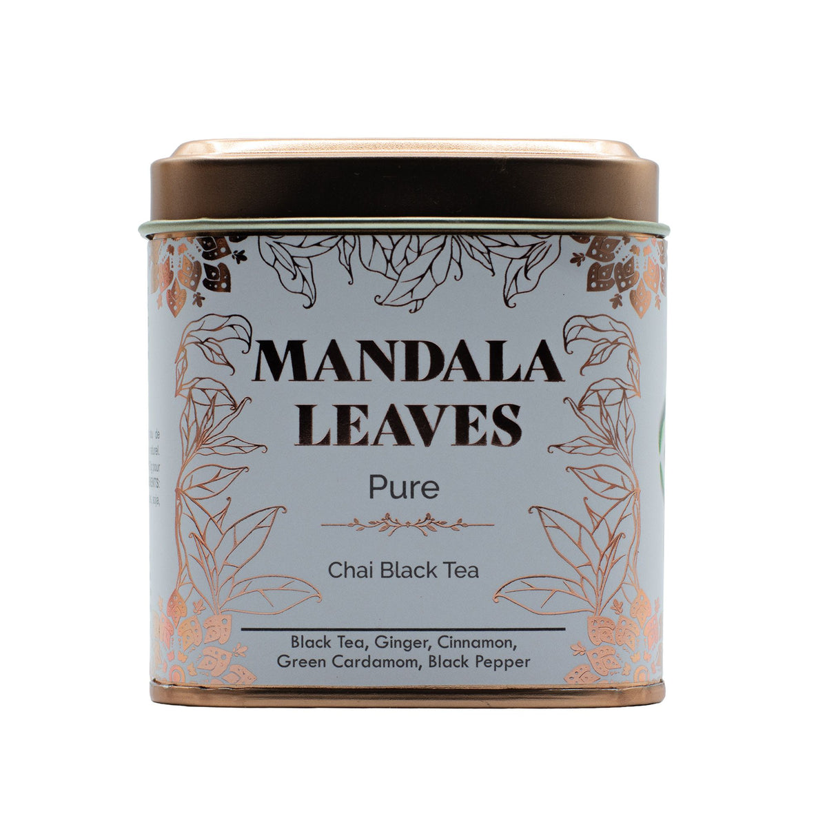 Tea canister labeled 'Mandala Leaves Pure Chai Black Tea' on a white background