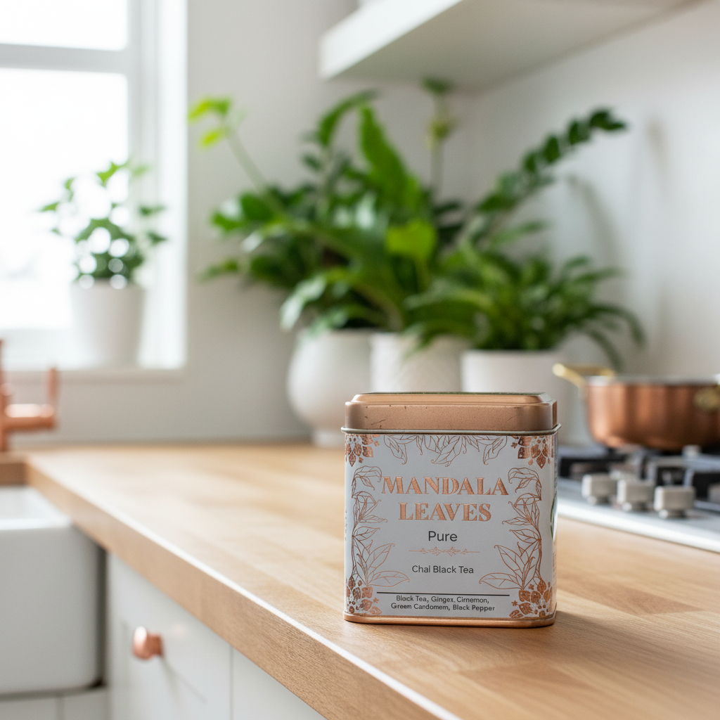 A tin of MANDALA LEAVES Pure Black Tea sits on a light wood kitchen countertop with a blurred modern kitchen in the background.